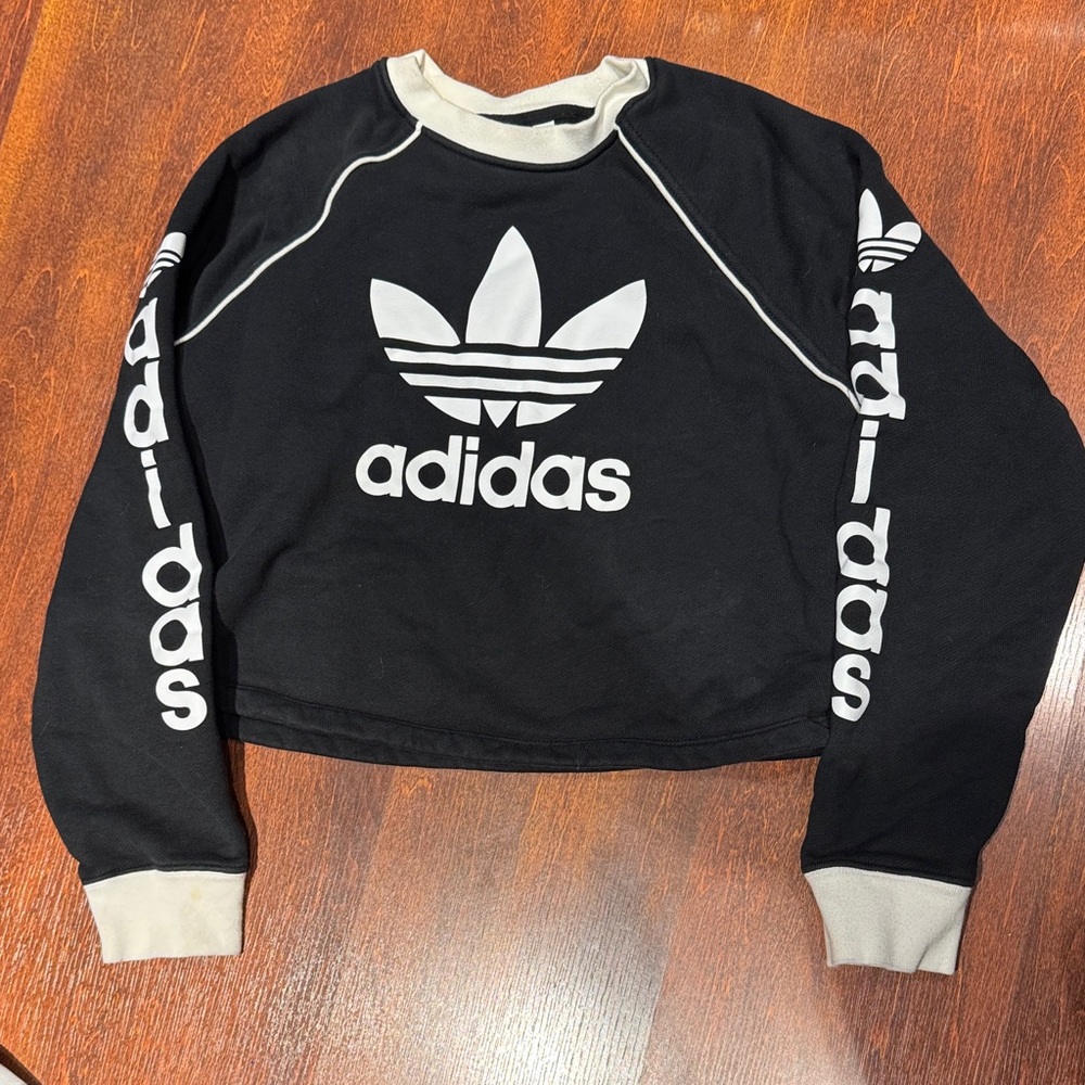 adidas Black Cropped Sweatshirt with White Trefoil and Sleeve Logos